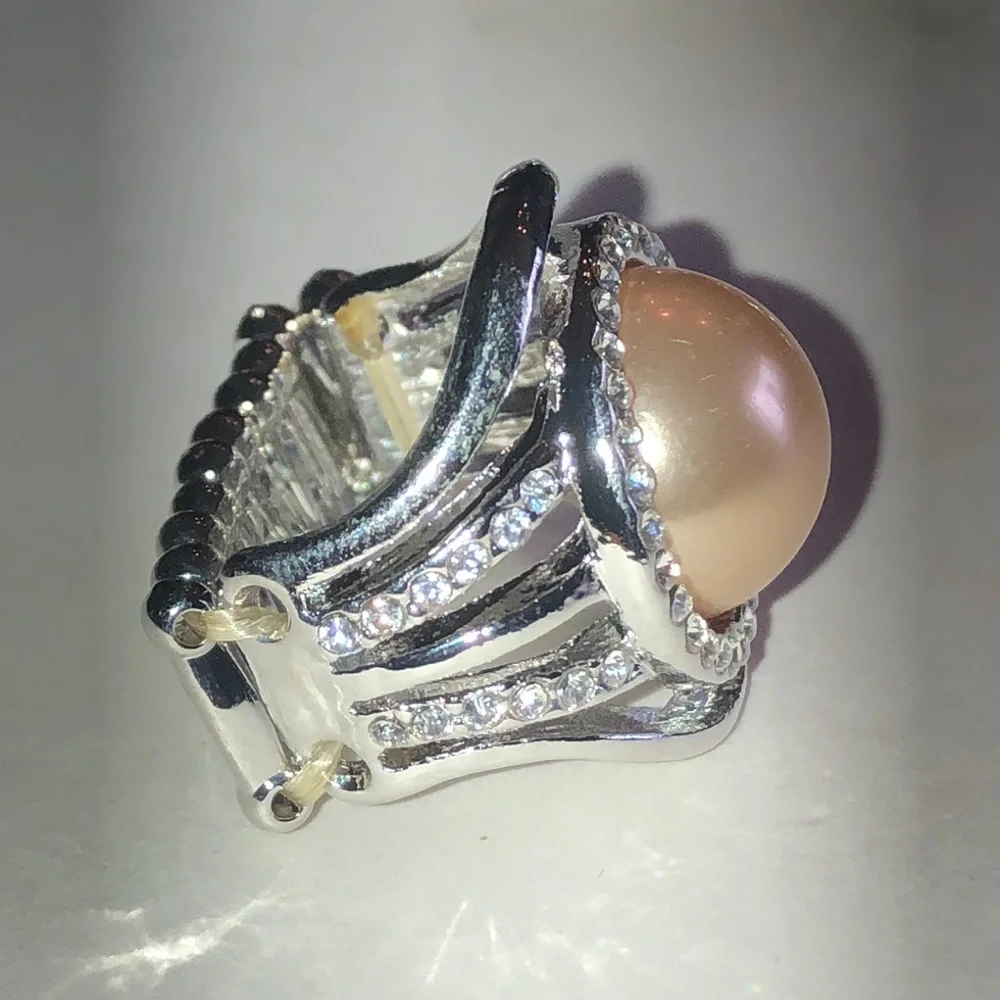 Peach Faux Pearl Rhinestone Halo Silver Tone Ring